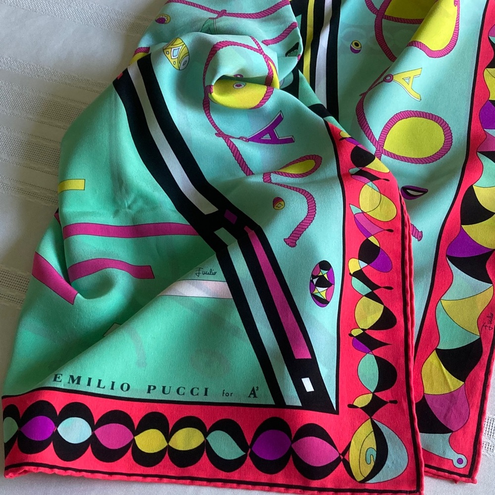 Rare Vintage Emilio Pucci Vibrant Silk Scarf with Pink and Green 34x34